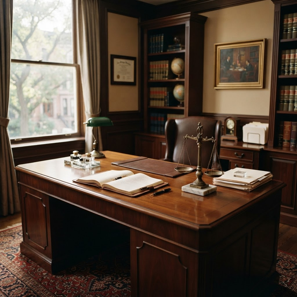 Professional law office interior with documents and legal items